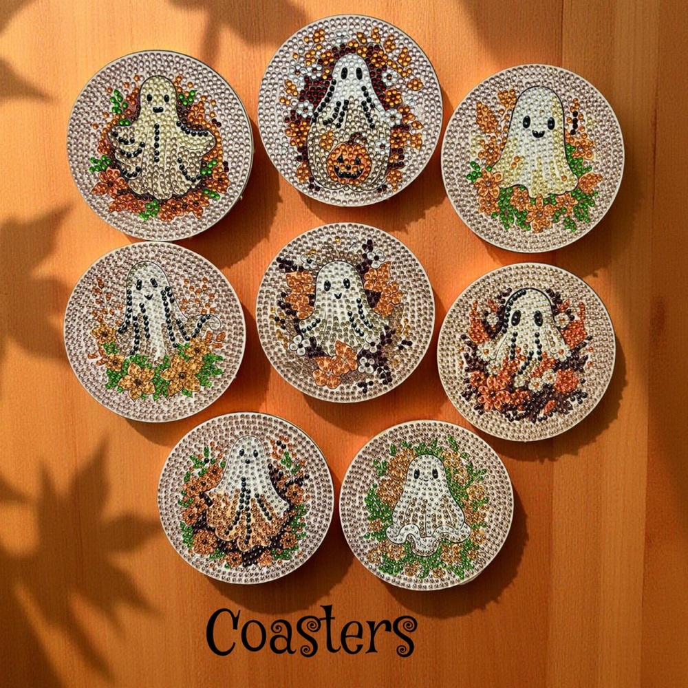 Hand Crafted Diamond Art Ghost Themed Coasters Set